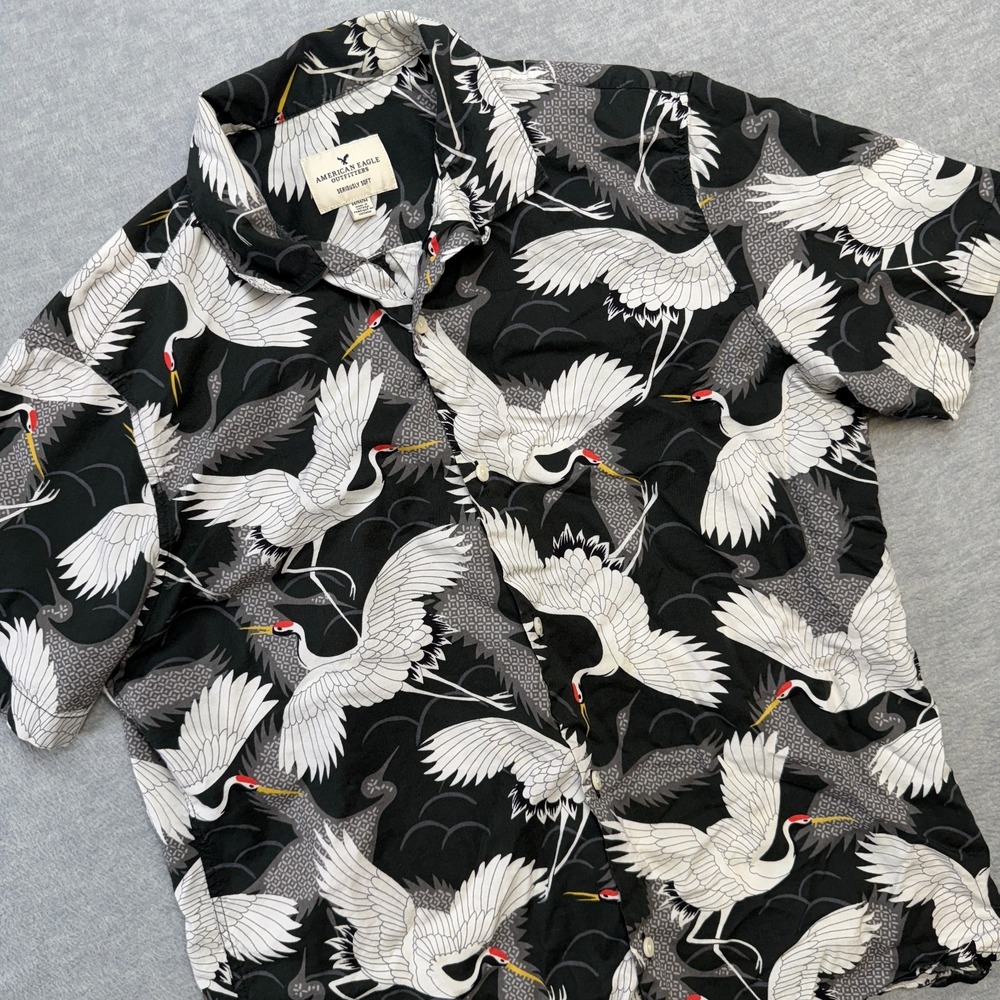American Eagle Shirt Mens Medium Black White Crane Japanese Viscose Camp Resort
